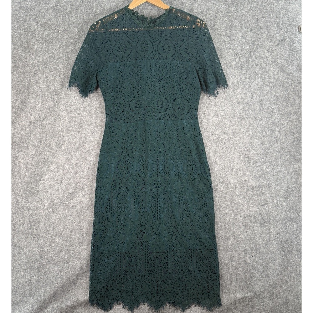 Lulus‎ Dress Womens Large Green Lace Midi Panel Lining Semi Sheer Chic Fitted